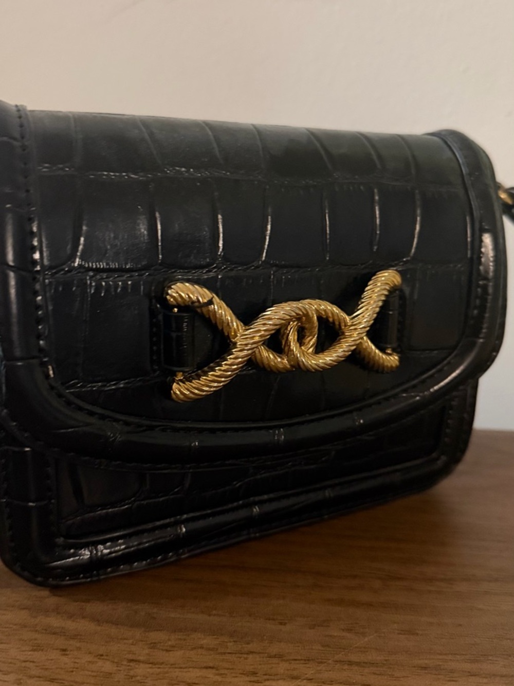 Zara Black Croc-Embossed Crossbody with Gold Rope Accent